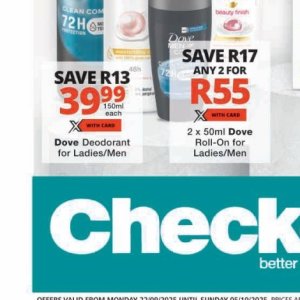 Deodorant dove  at Checkers